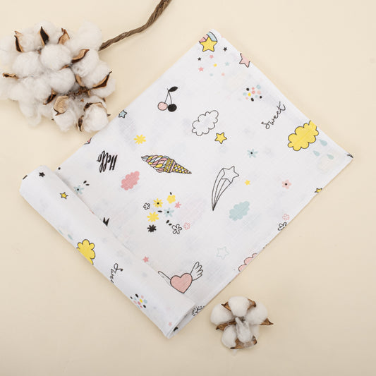 3lü Set - Müslin Örtü - Uçuşan Kalpler / Tavşan / Pembe Yıldız