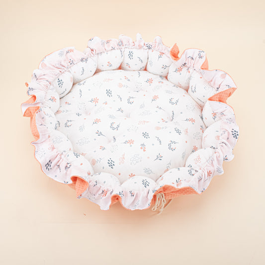 Yuvarlak Babynest - Çift Taraflı - Somon Petek - Yeşil Çiçekler