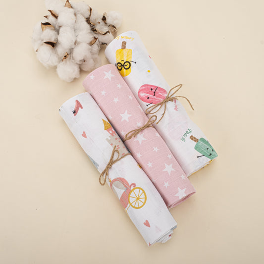 3lü Set - Müslin Örtü - Sindirella / Pembe Yıldız / Dondurma