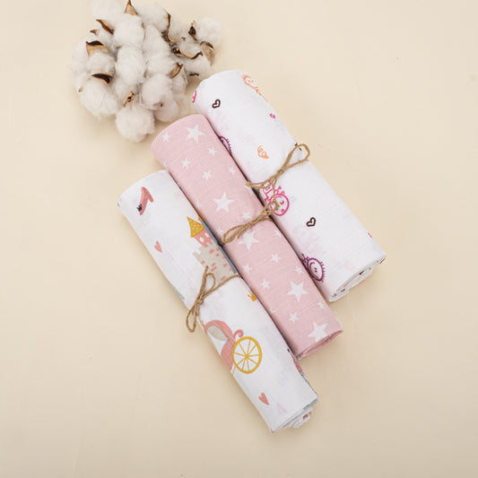 3lü Set - Müslin Örtü - Sindirella / Pembe Yıldız / Pembe Çubuk Bebekler