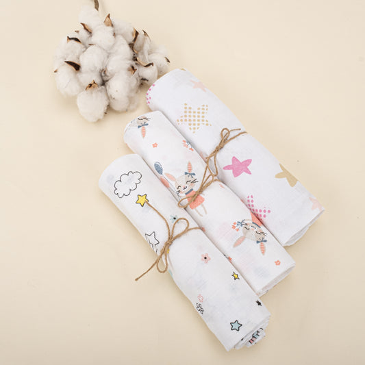 3lü Set - Müslin Örtü - Uçuşan Kalpler / Tavşan / Pembe Yıldız