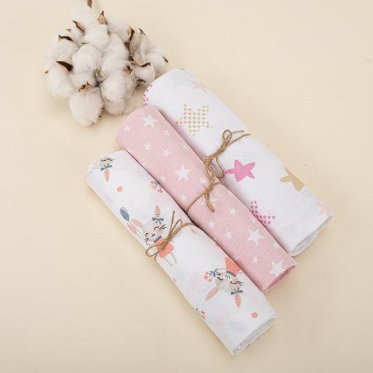 3lü Set - Müslin Örtü - Pembe Yıldız / Tavşan / Pembe Yıldız