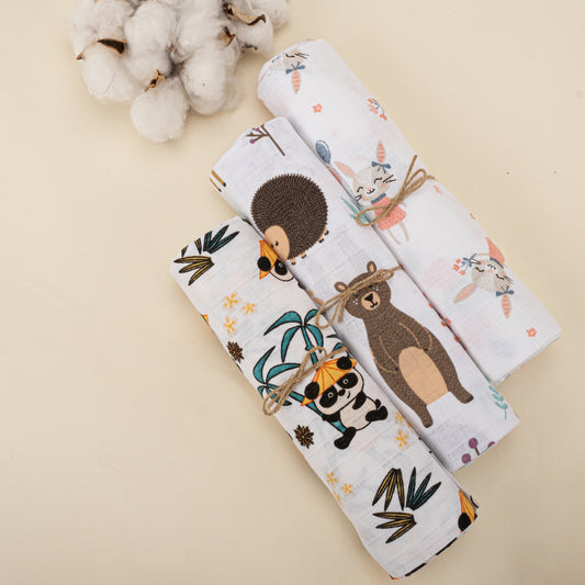 3lü Set - Müslin Örtü - Tropikal Panda / Tavşan / Orman