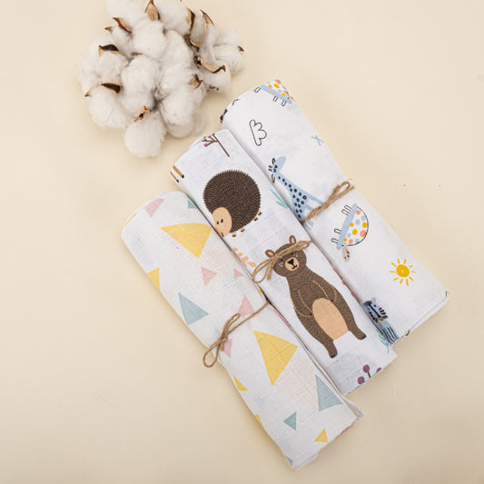 3lü Set - Müslin Örtü - Mavi Canlılar / Renkli Üçgenler / Orman