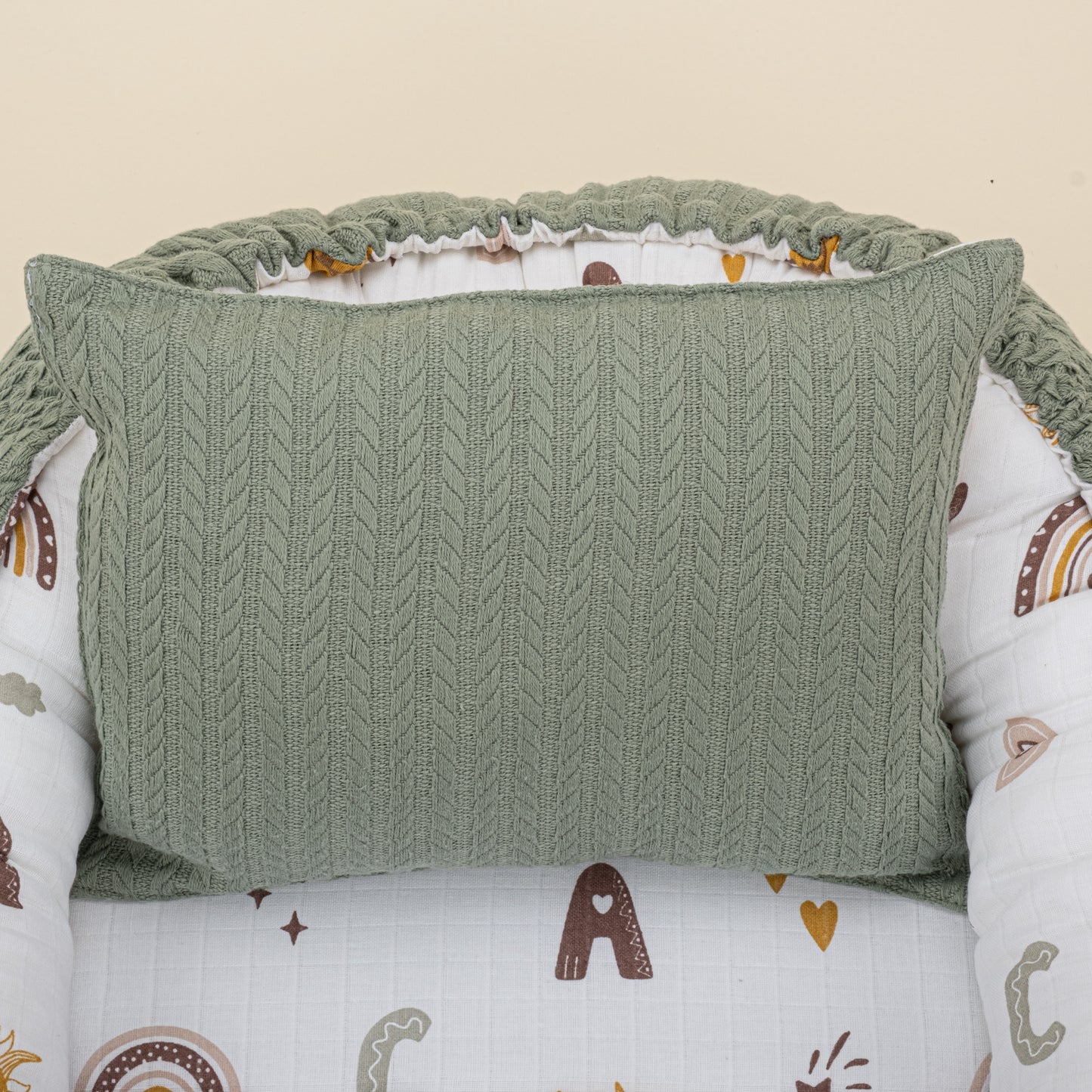 Babynest ve Yastık- Çift Taraflı - Koyu Yeşil Örgü - Galaksi ve Harfler