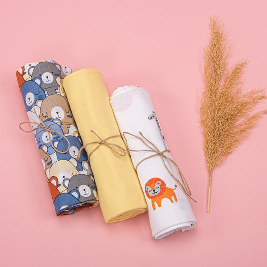 3lü Set - Müslin Örtü - Renkli Ayıcıklar - Sarı - Fil