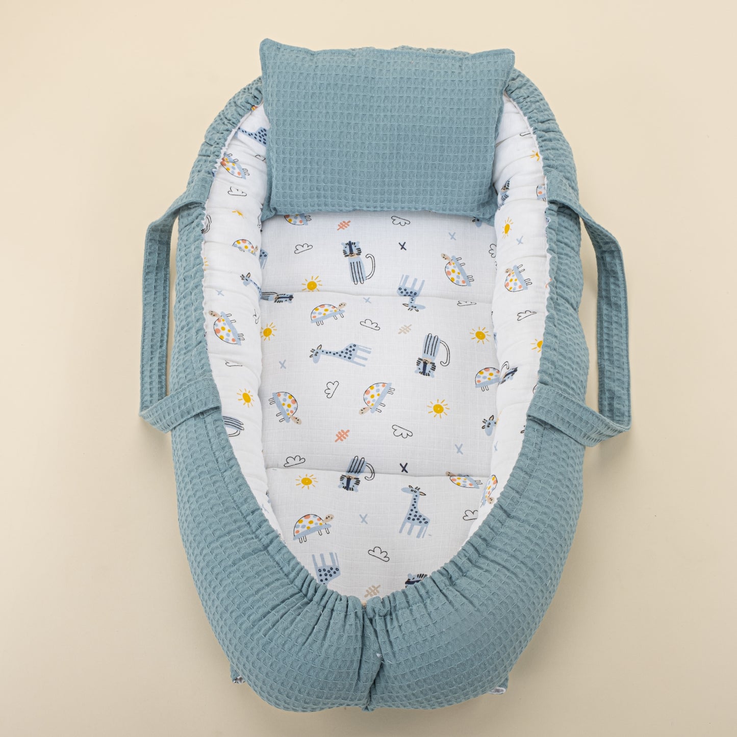 Babynest ve Yastık - Çift Taraflı - Petrol Mavisi Petek - Mavi Canlılar