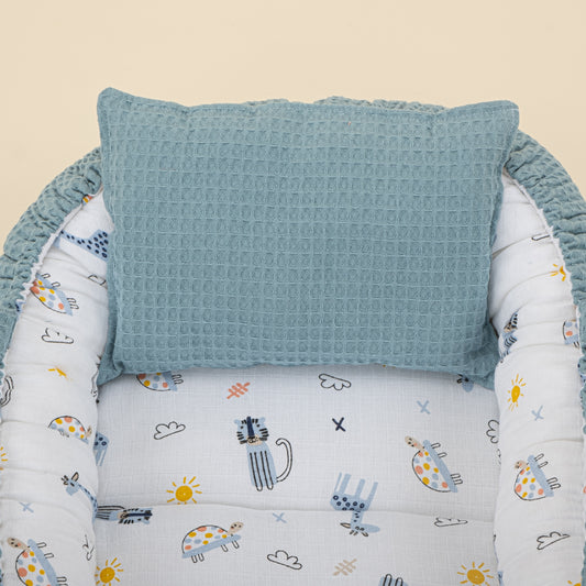 Babynest ve Yastık - Çift Taraflı - Petrol Mavisi Petek - Mavi Canlılar