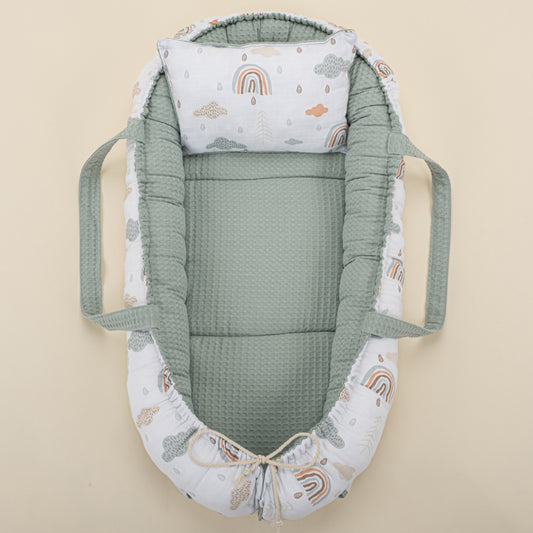 Babynest ve Yastık - Çift Taraflı - Yeşil  Petek - Yeşil Gökkuşağı
