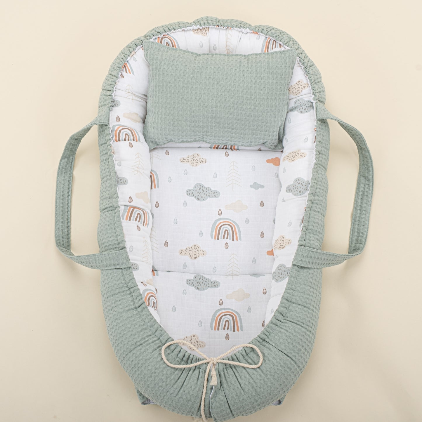 Babynest ve Yastık - Çift Taraflı - Yeşil  Petek - Yeşil Gökkuşağı