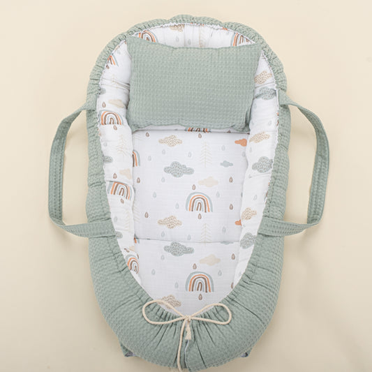 Babynest ve Yastık - Çift Taraflı - Yeşil  Petek - Yeşil Gökkuşağı