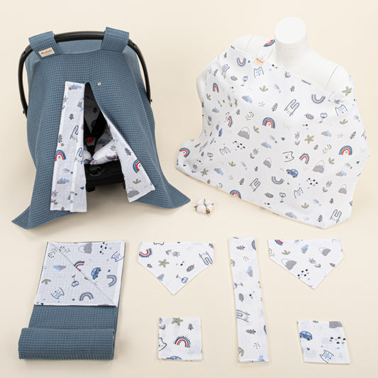 9 Parça Avantajlı Set - Çift Taraflı - Koyu Mavi Petek - Mavi Kedi