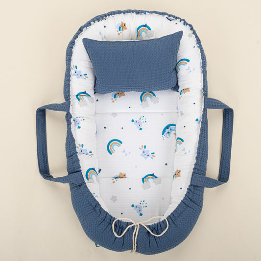 Babynest ve Yastık - Çift Taraflı - İndigo Petek - Mavi Gökkuşağı