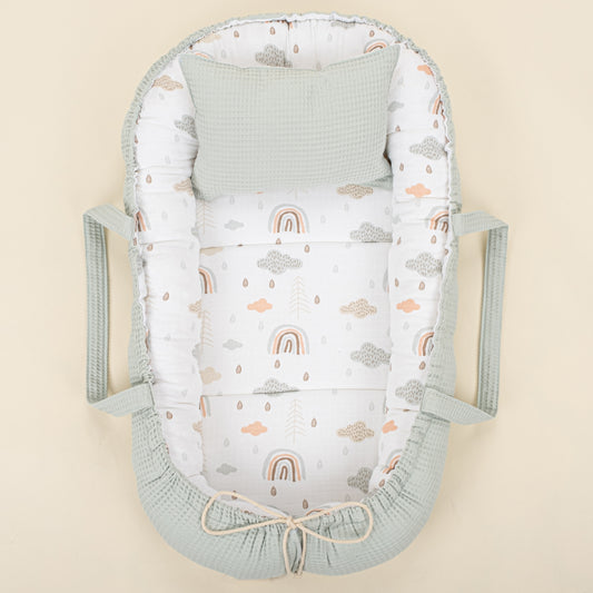 Babynest ve Yastık - Çift Taraflı - Açık Yeşil Petek - Yeşil Gökkuşağı