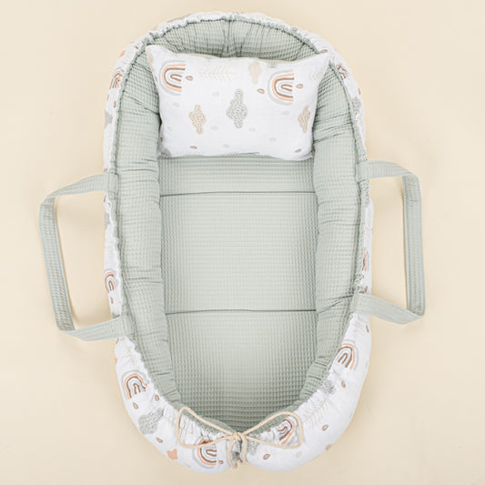Babynest ve Yastık - Çift Taraflı - Açık Yeşil Petek - Yeşil Gökkuşağı