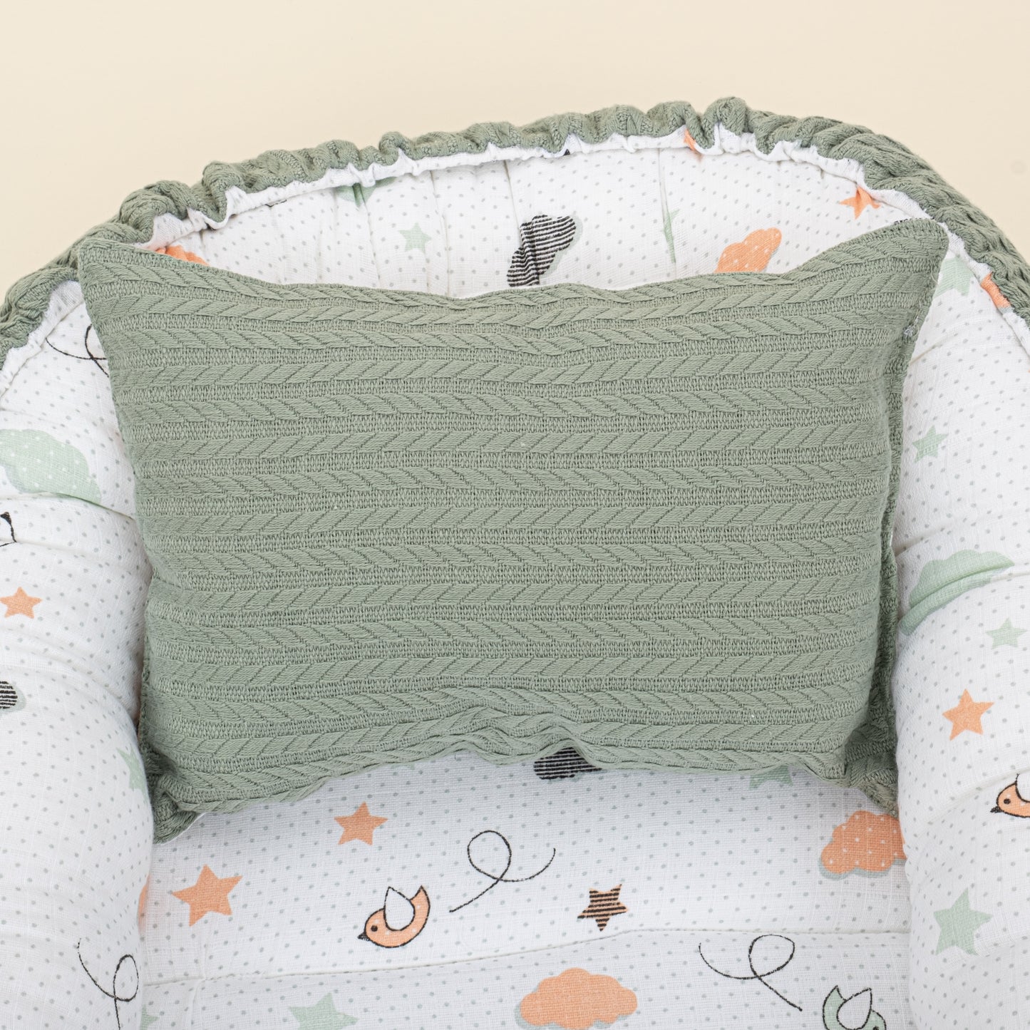 Babynest ve Yastık- Çift Taraflı - Koyu Yeşil Örgü - Kuş
