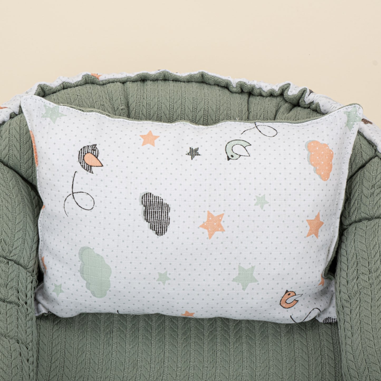 Babynest ve Yastık- Çift Taraflı - Koyu Yeşil Örgü - Kuş
