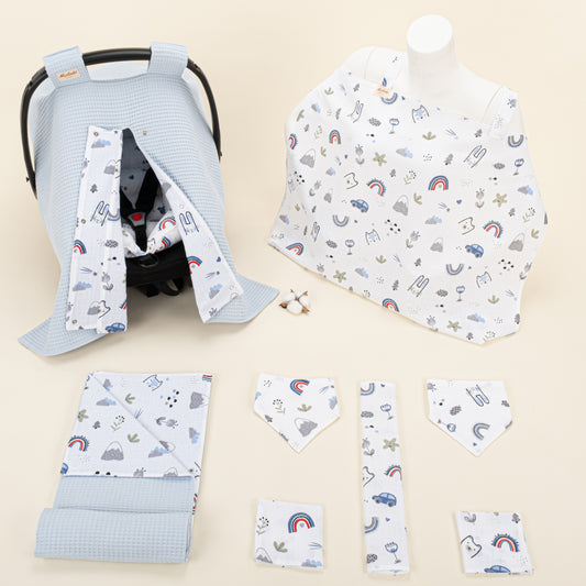 9 Parça Avantajlı Set - Çift Taraflı - Bebe Mavi Petek - Mavi Kedi