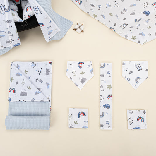 9 Parça Avantajlı Set - Çift Taraflı - Bebe Mavi Petek - Mavi Kedi